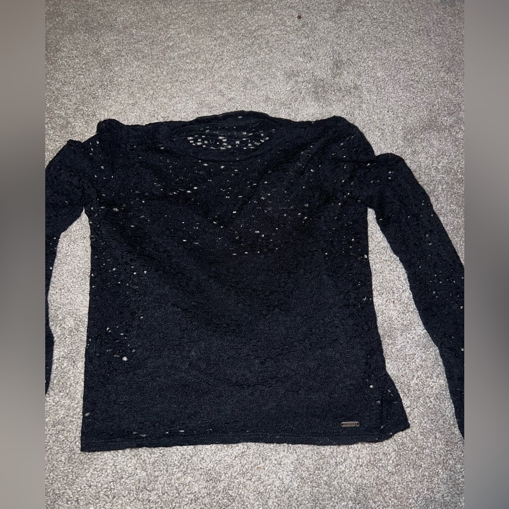 Hollister, black long sleeve, see-through floral top